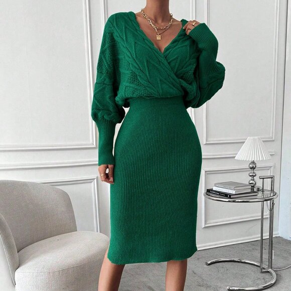Green Elegant Women's Batwing Sleeve Split Hem Wrap Sweater Dress - Picture 5 of 7